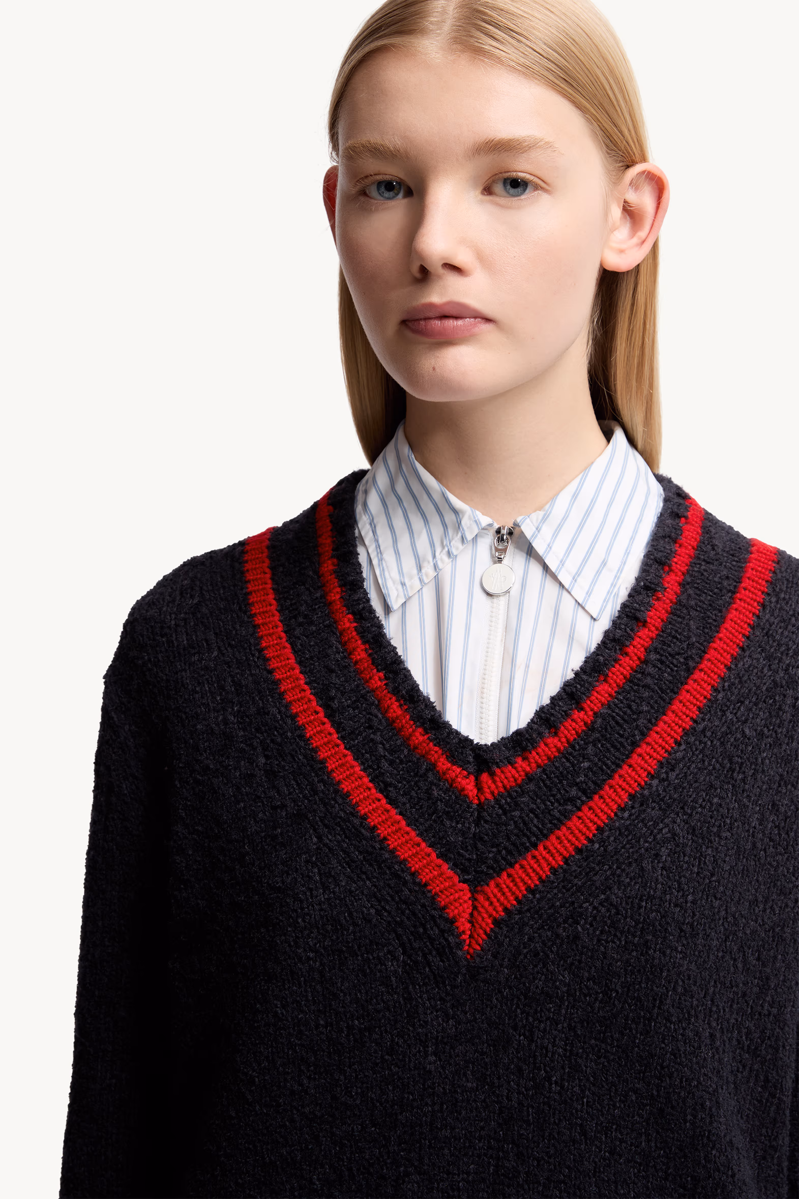 Padded V-Neck Cotton & Wool Blend Sweater Women Navy Blue Moncler 6